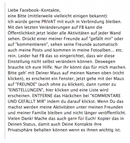 "Liebe Facebook-Kontakte..." Der Inhalt dieses Statusupdates ist falsch. (Screenshot: Golem.de)